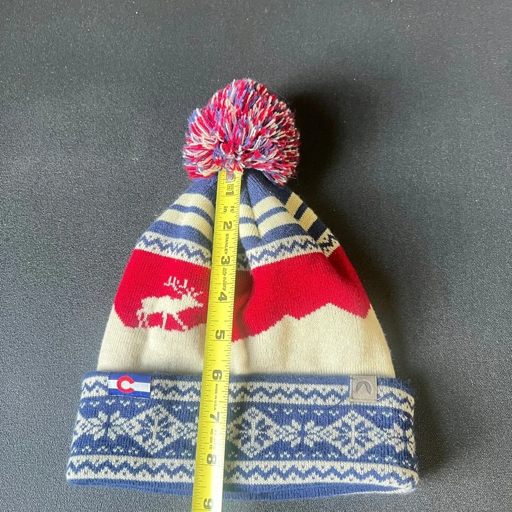 Cirque Mountain Colorado Flag Beanie Reindeer Fair Isle Pom Pom Knit Hat Nordic